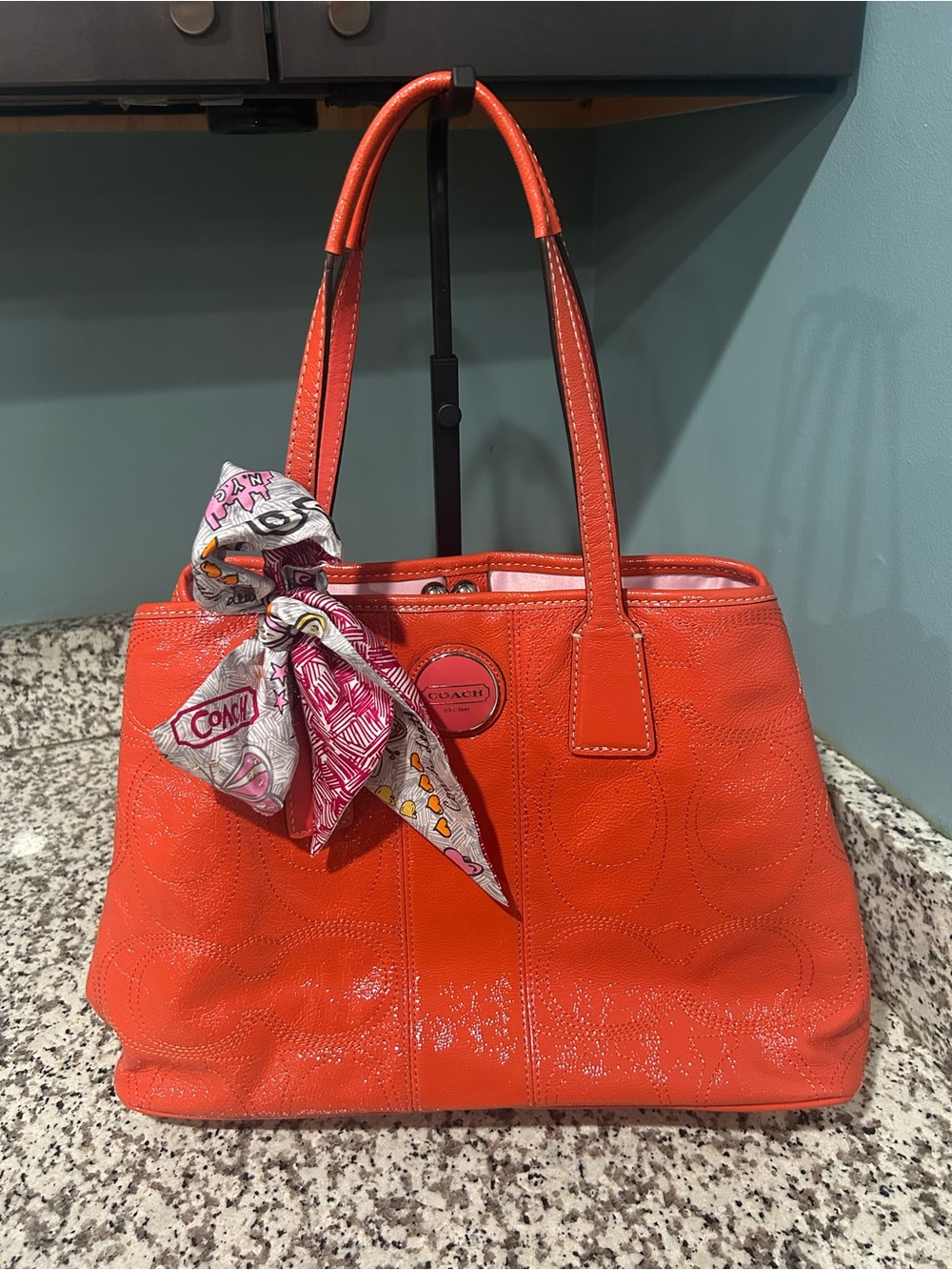 Coach Coral Parent Leather Kiss lock Tote with Coach Scarf Accent